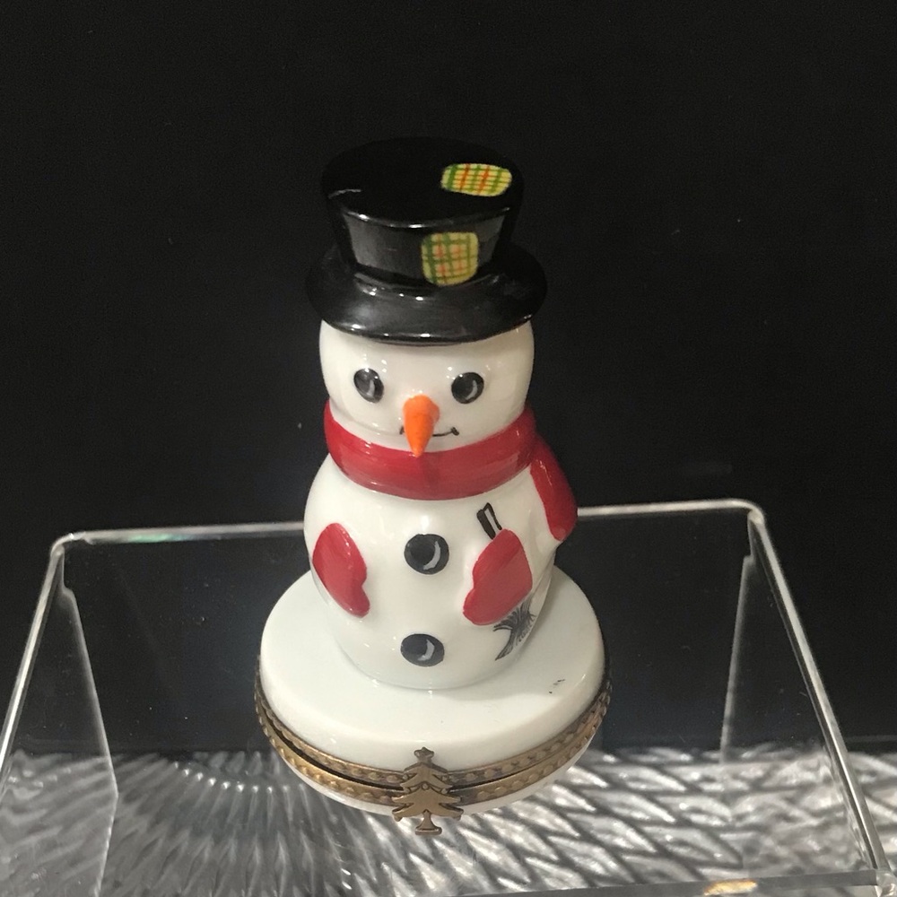 Vintage Limoges Festive Snowman Ceramic with Red Scarf and Black Hat